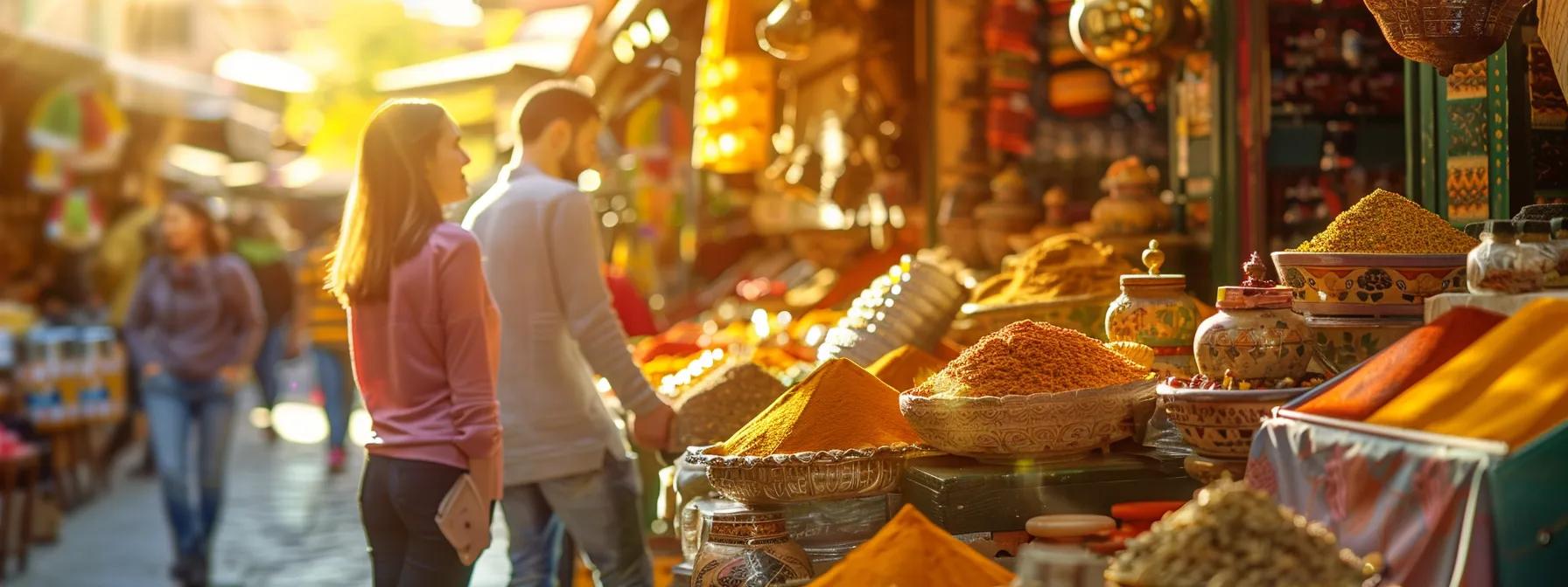 a joyful duo explores a vibrant market bursting with color, surrounded by exotic spices and handcrafted treasures under warm golden sunlight.