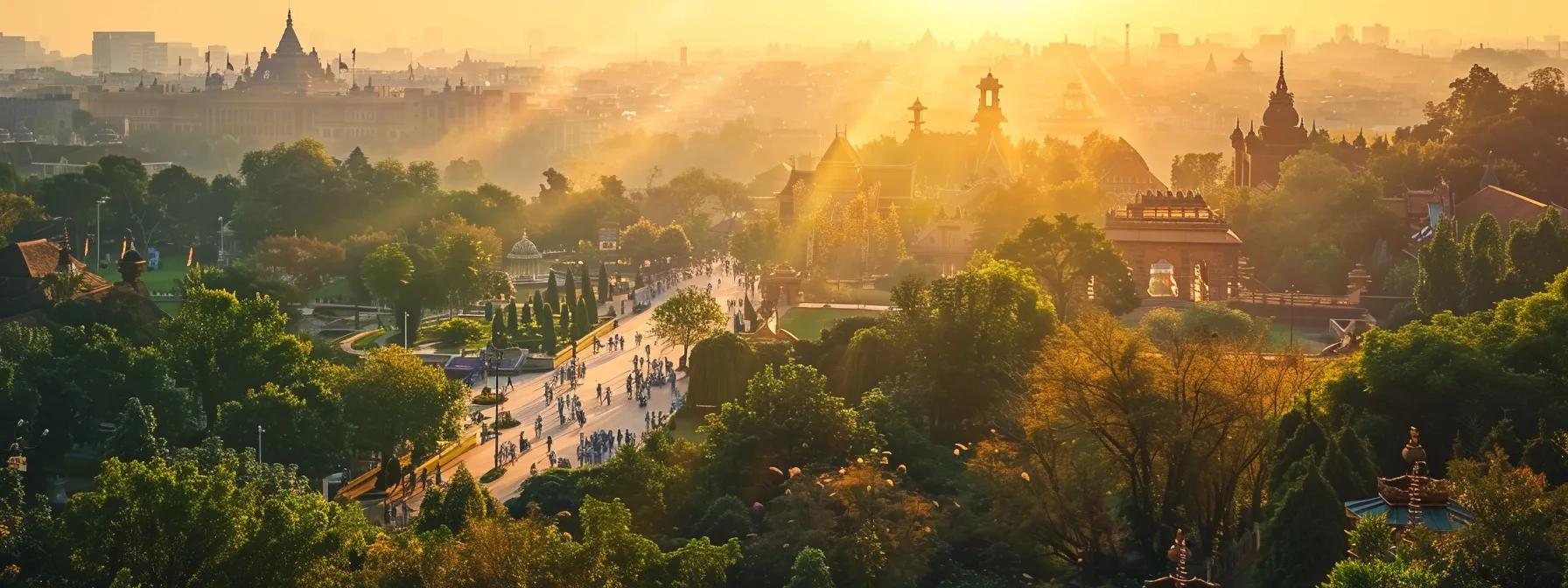 a vibrant scene of energetic travelers joyfully exploring a picturesque landscape, surrounded by lush greenery and iconic landmarks, bathed in warm golden sunlight.