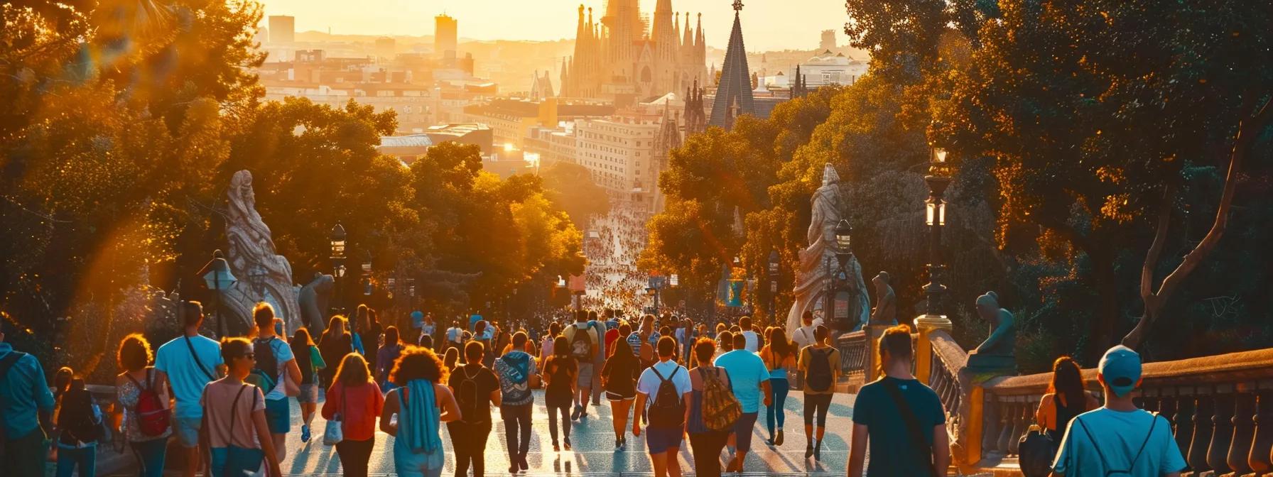 a vibrant, sunlit view of a group of travelers joyfully exploring the iconic landmarks of a bustling city, with stunning architecture rising majestically in the background.