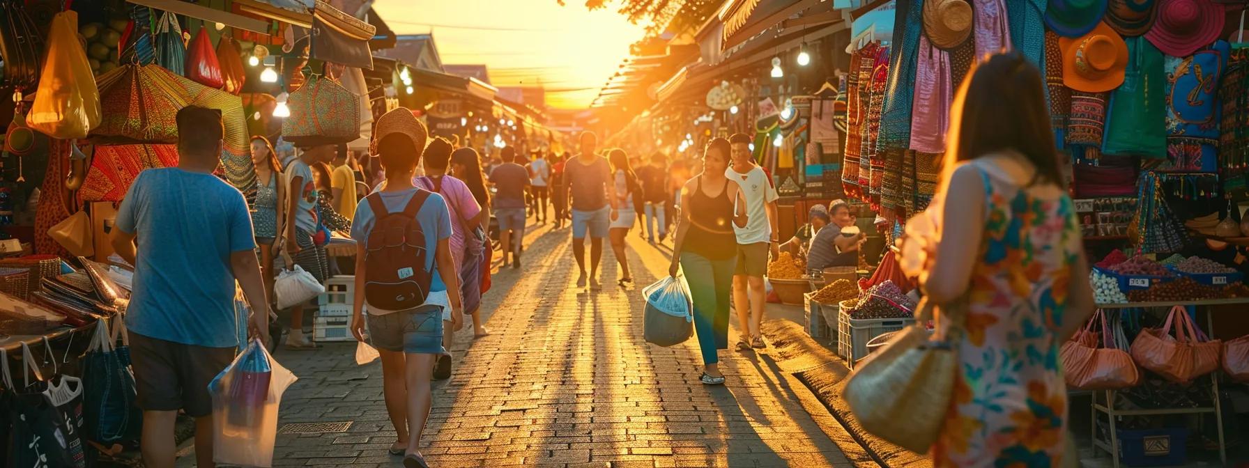 a vibrant sunset casts a warm glow over a bustling market square where travelers joyfully explore colorful stalls filled with exotic goods.